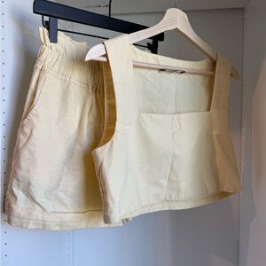 Two-Piece Light Yellow Linen Crop Top & Shorts Set